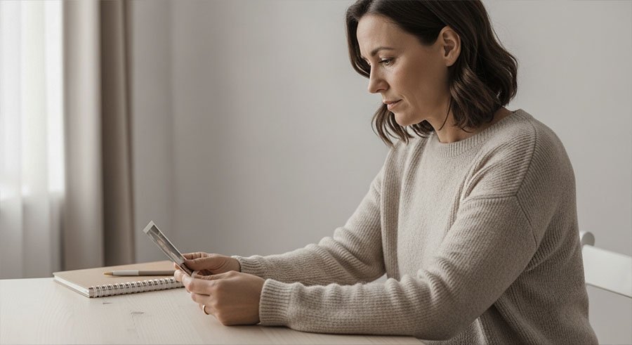 Женщина смотрит на свою детскую фотографию